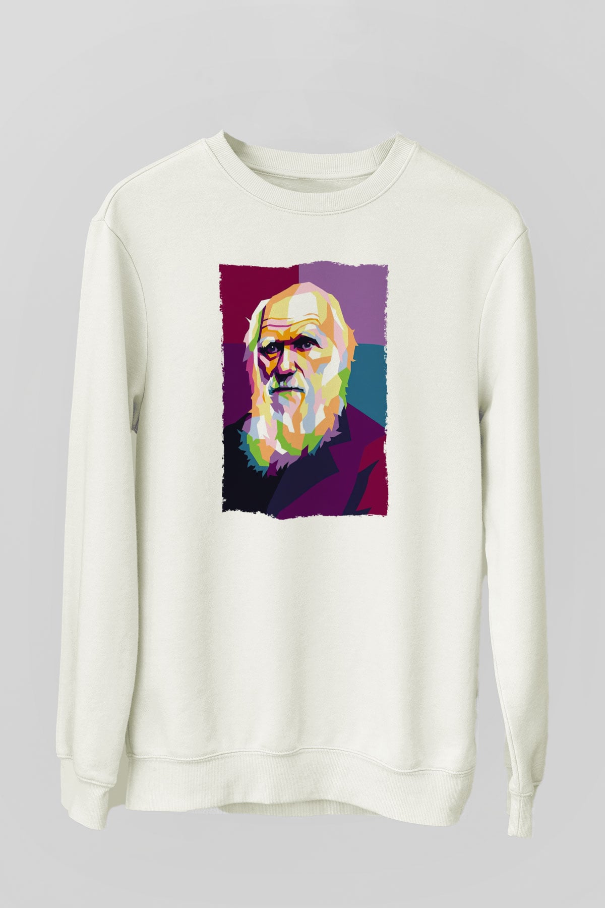 Charles Darwin Renkli Portre Baskılı Unisex Ekru Sweatshirt