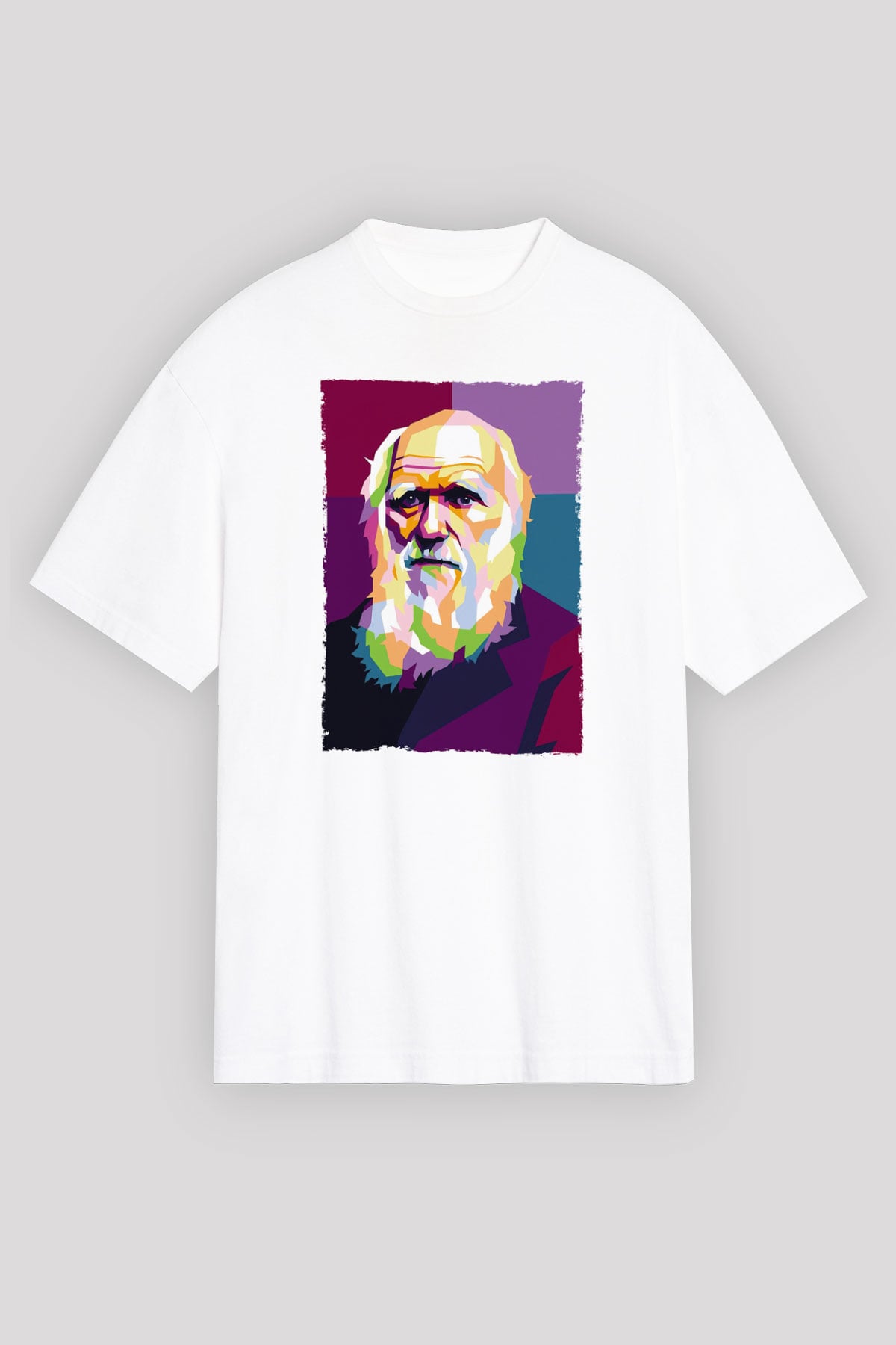 Charles Darwin Renkli Portre Baskılı Unisex Oversize Beyaz Tişört - Tshirt