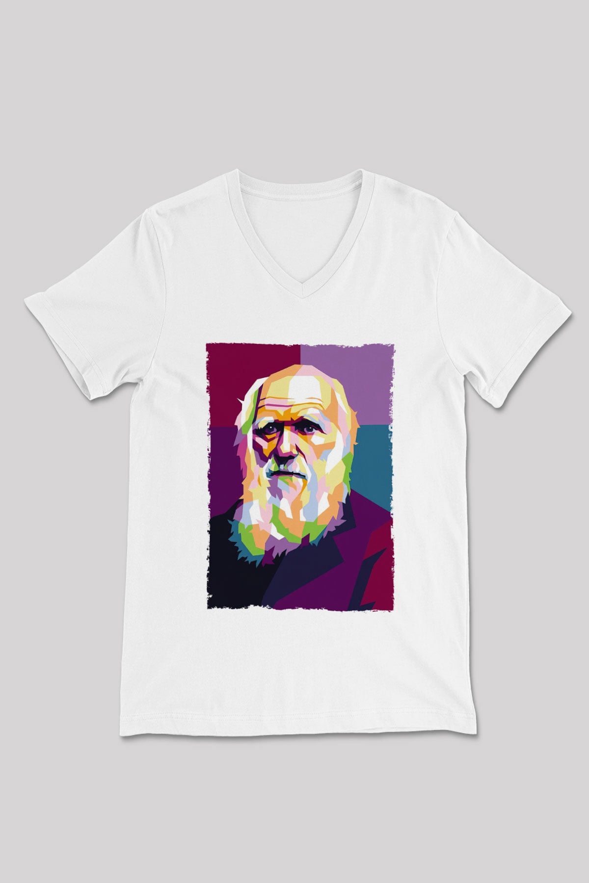 Charles Darwin Renkli Portre Baskılı Unisex V Yaka Beyaz Tişört - Tshirt