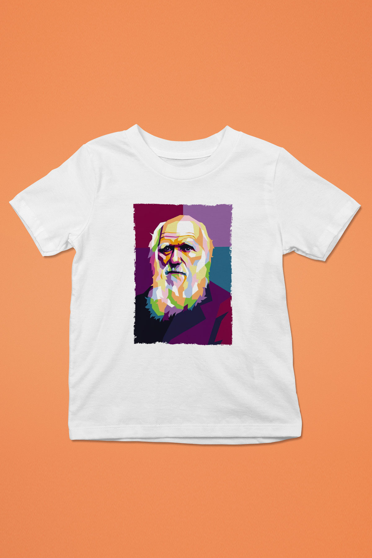 Charles Darwin Renkli Portre Baskılı Unisex Beyaz Çocuk Tişörtü - Tshirt
