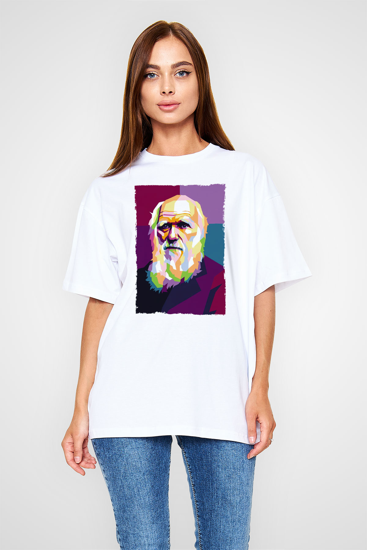 Charles Darwin Renkli Portre Baskılı Unisex Oversize Beyaz Tişört - Tshirt