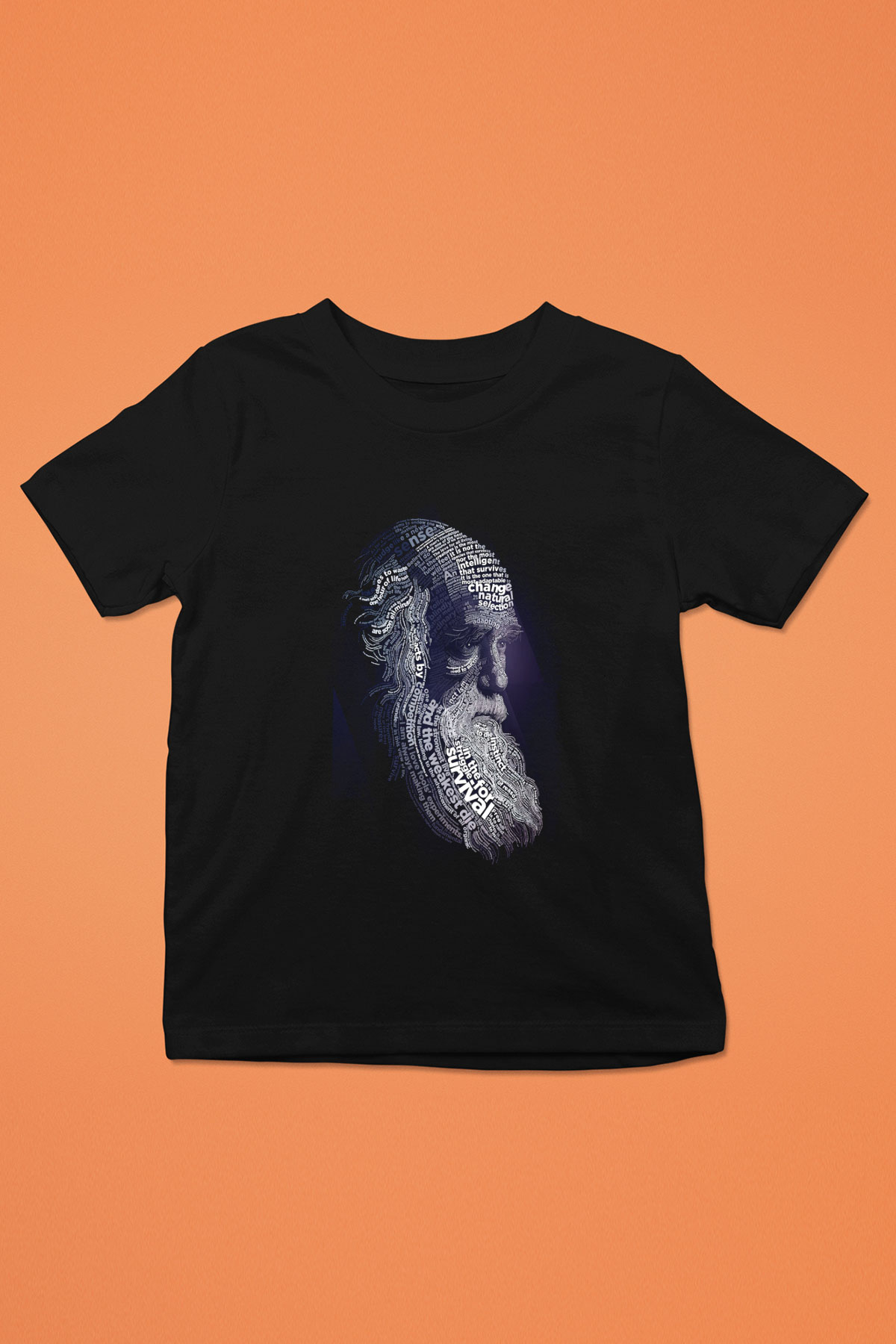 Charles Darwin Sanatsal Portre Baskılı Unisex Siyah Çocuk Tişört