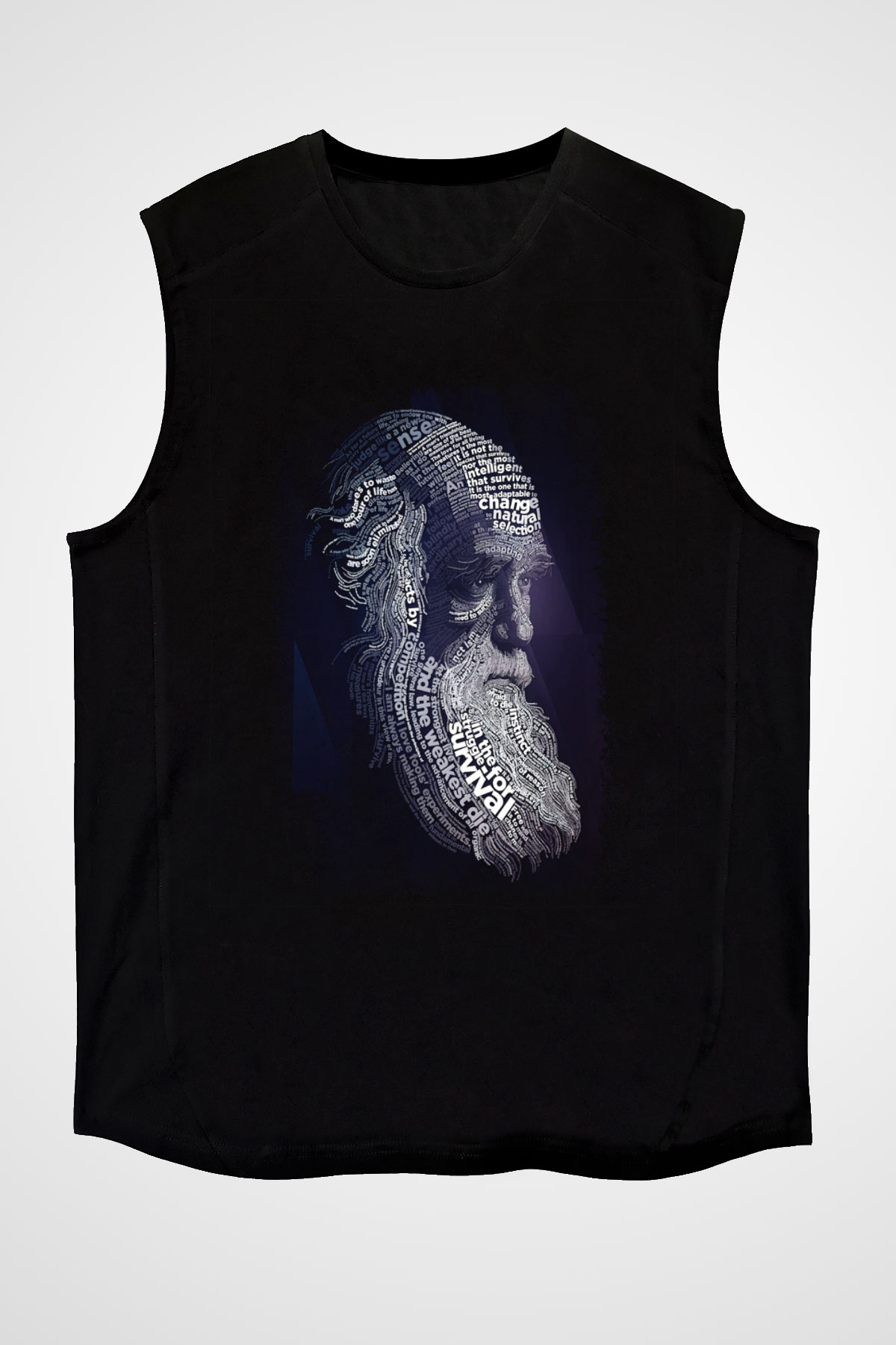 Charles Darwin Sanatsal Portre Baskılı Unisex Siyah Kolsuz Tişört