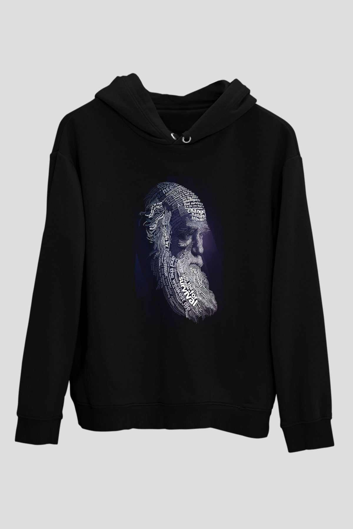 Charles Darwin Sanatsal Portre Baskılı Unisex Siyah Hoodie