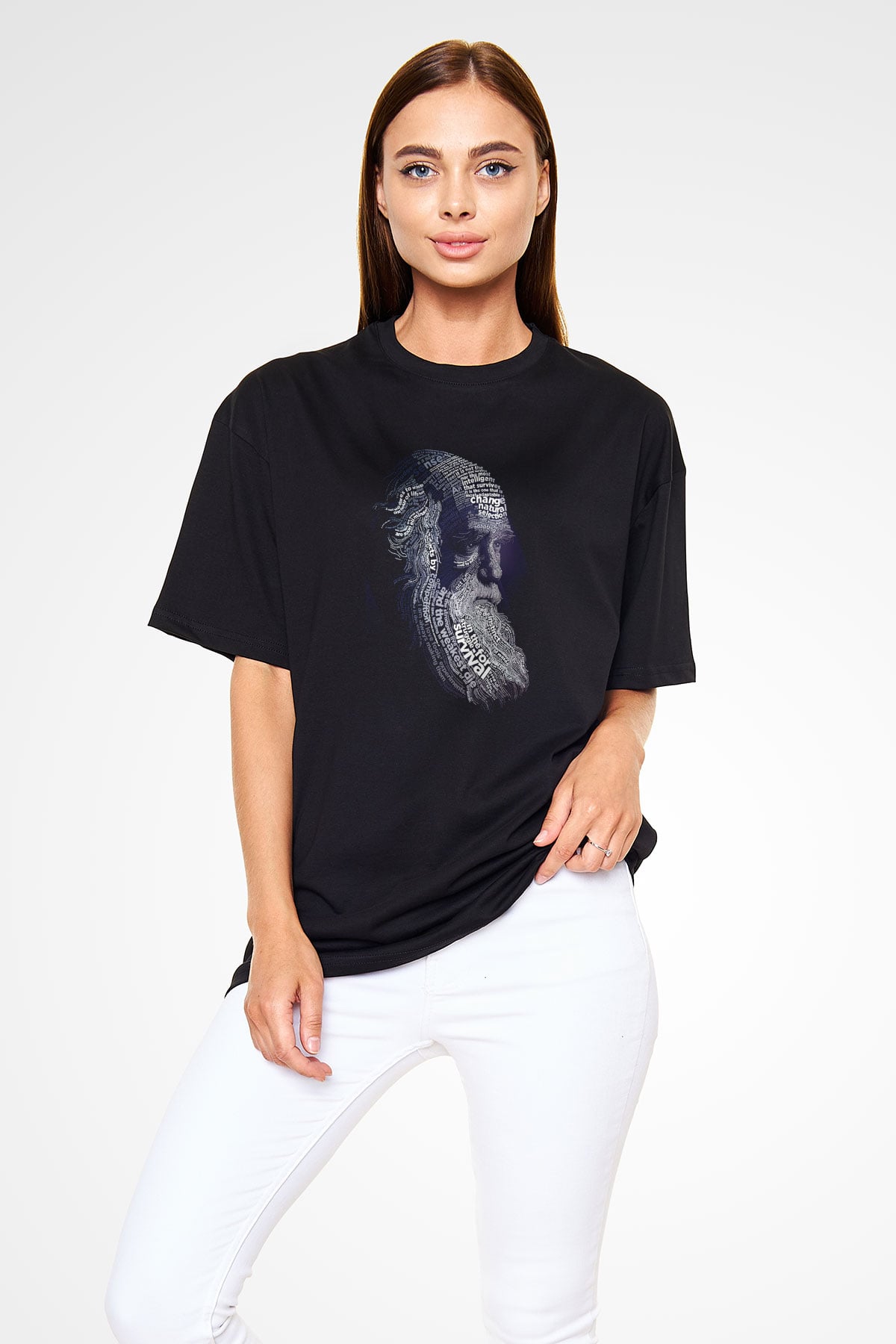 Charles Darwin Sanatsal Portre Baskılı Unisex Siyah Oversize Tişört