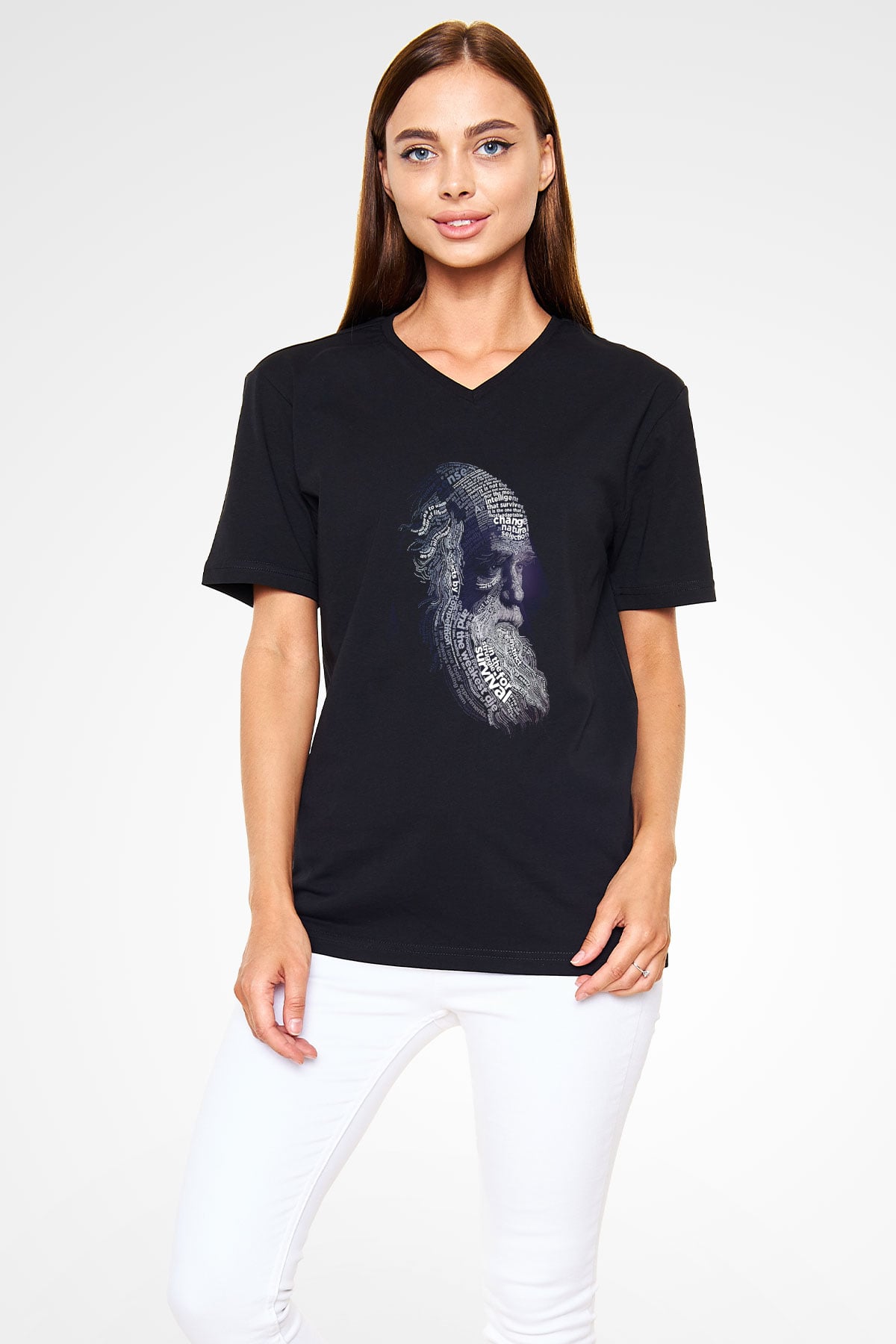 Charles Darwin Sanatsal Portre Baskılı Unisex Siyah V Yaka Tişört