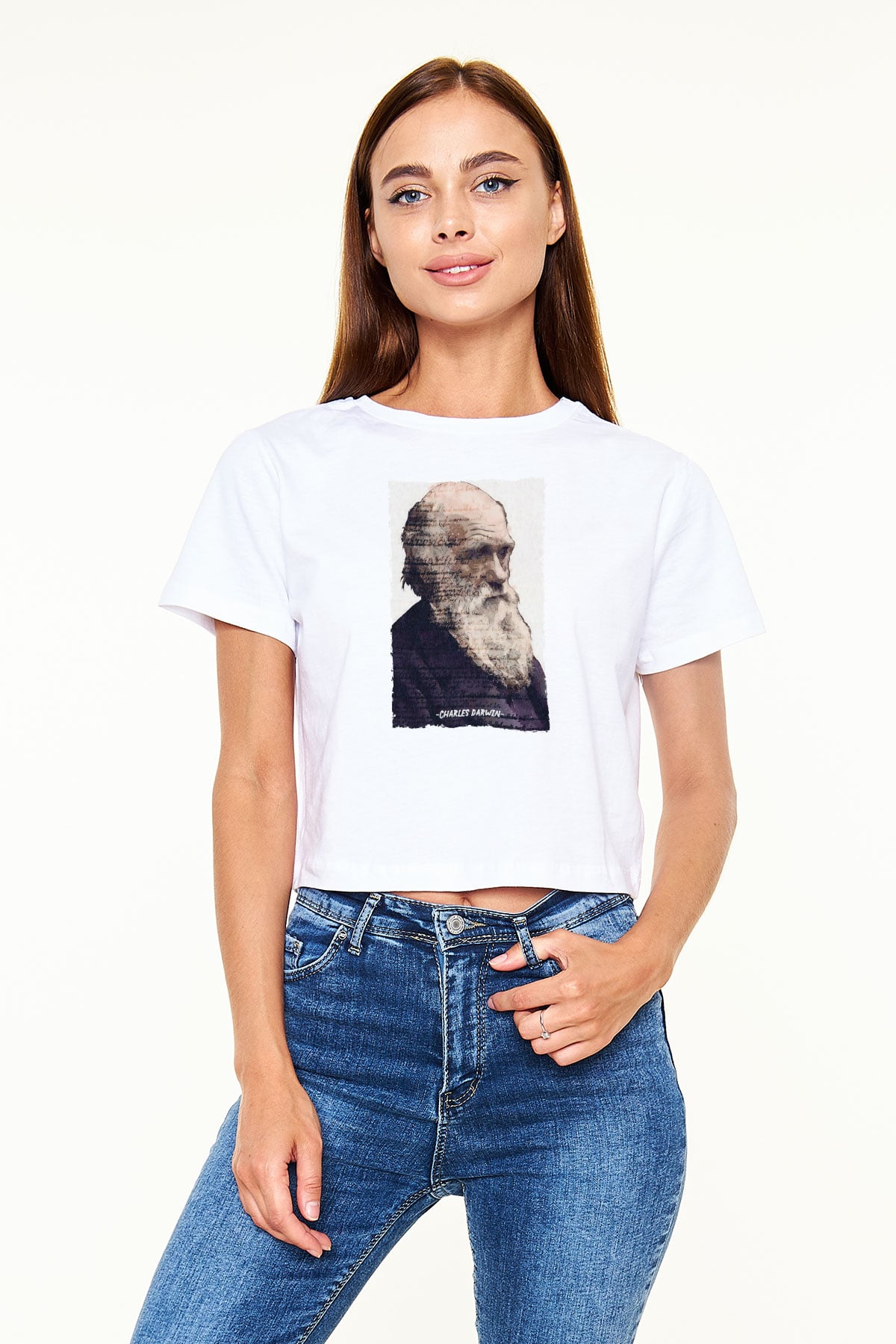Charles Darwin Yazılı Portre Baskılı Kadın Crop Top Beyaz Tişört