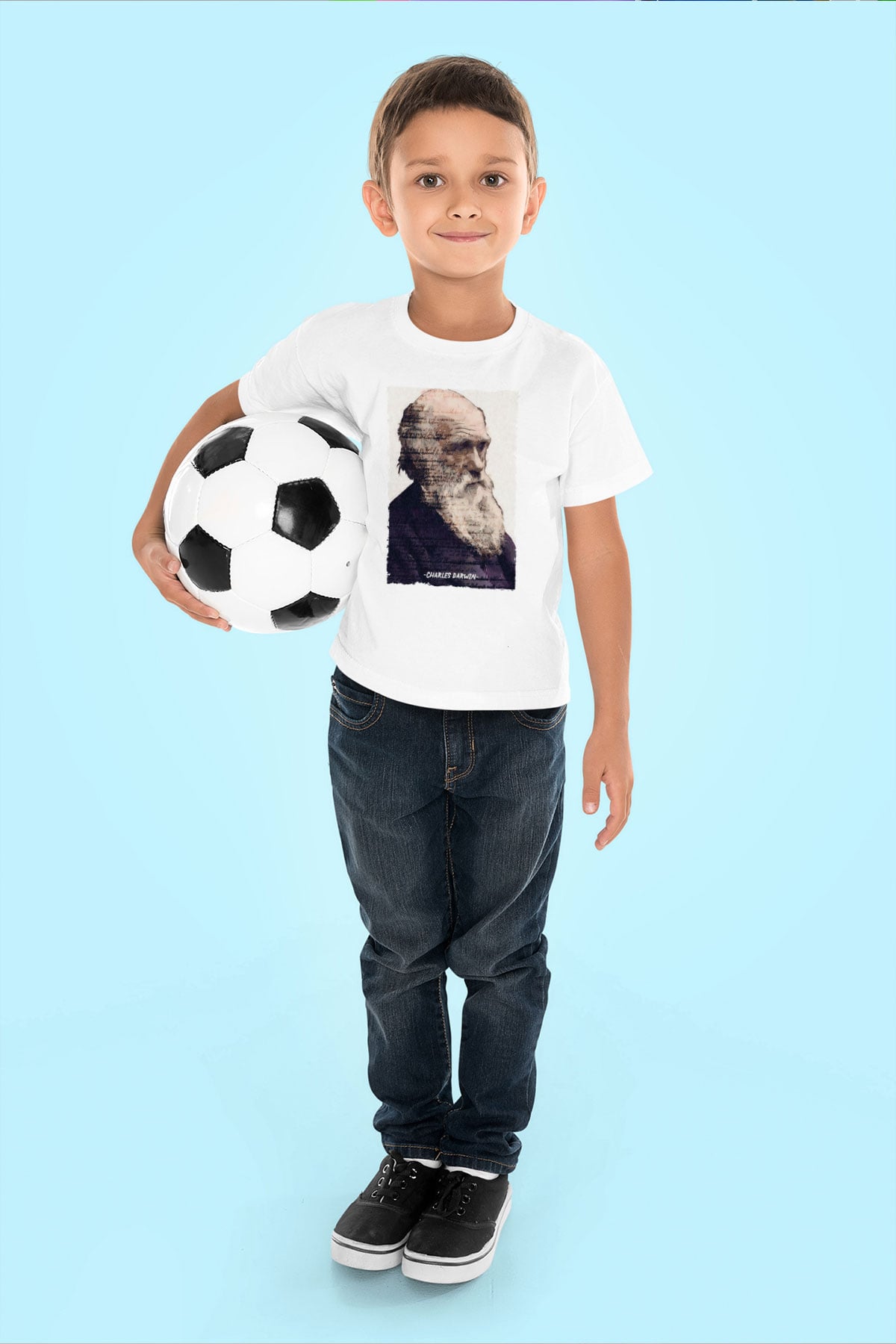 Charles Darwin Yazılı Portre Baskılı Unisex Beyaz Çocuk Tişörtü - Tshirt