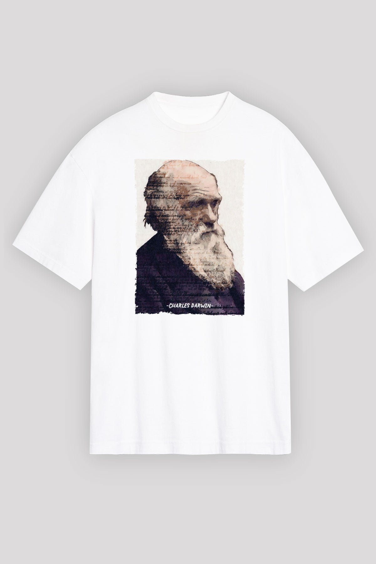 Charles Darwin Yazılı Portre Baskılı Unisex Oversize Beyaz Tişört - Tshirt