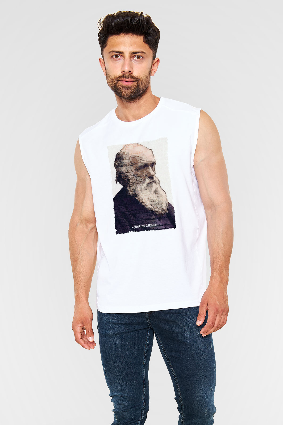 Charles Darwin Yazılı Portre Baskılı Unisex Kolsuz Beyaz Tişört - Tshirt