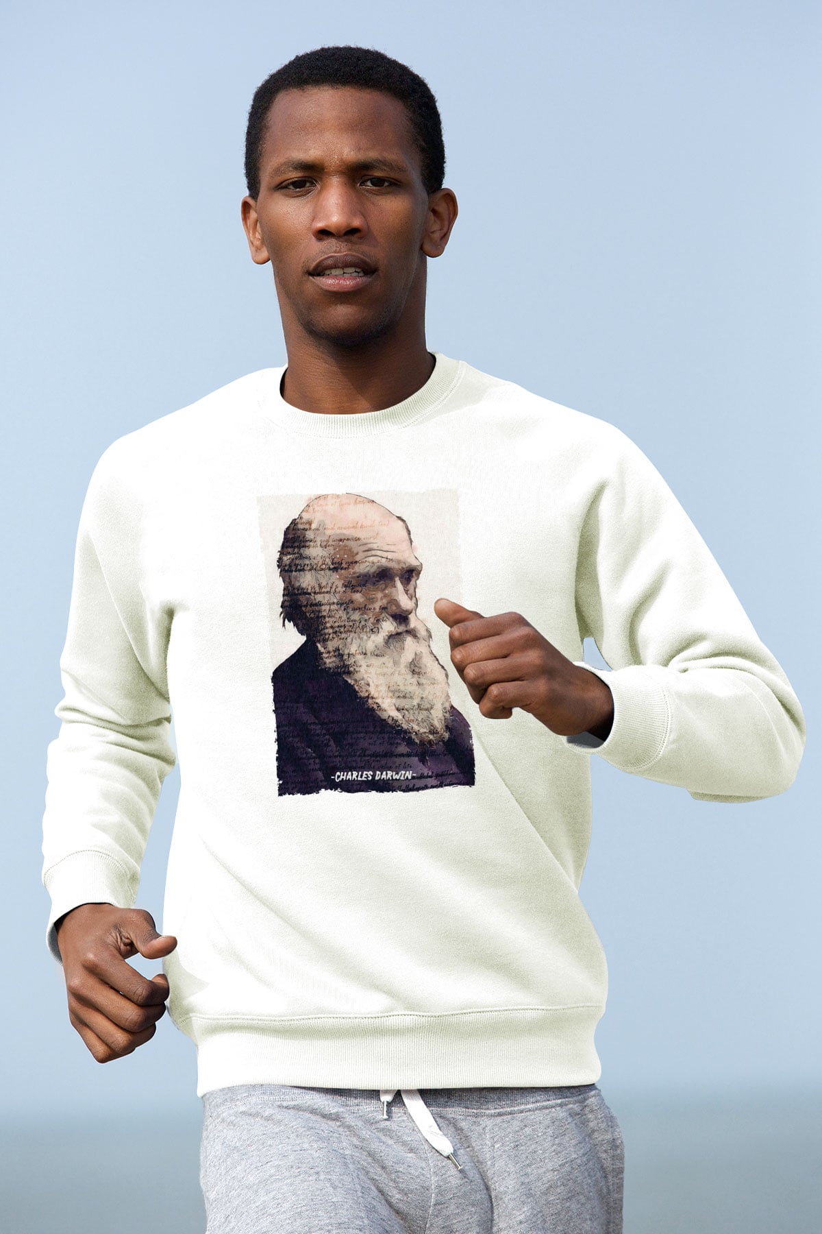 Charles Darwin Yazılı Portre Baskılı Unisex Ekru Sweatshirt