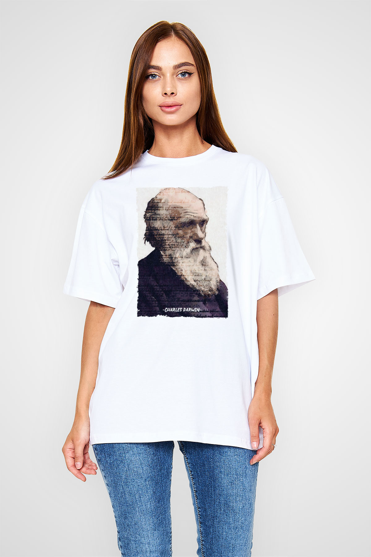 Charles Darwin Yazılı Portre Baskılı Unisex Oversize Beyaz Tişört - Tshirt