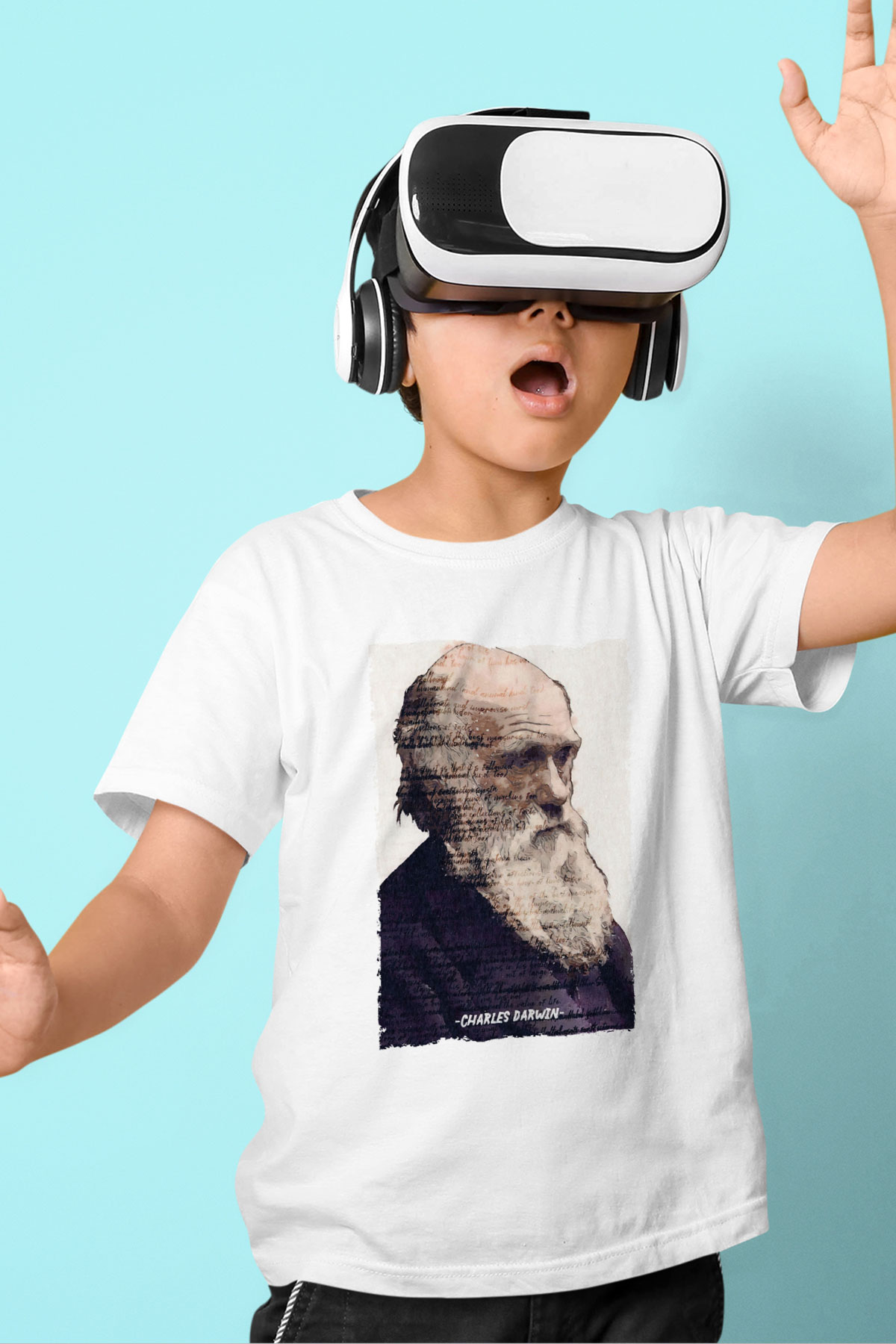 Charles Darwin Yazılı Portre Baskılı Unisex Beyaz Çocuk Tişörtü - Tshirt