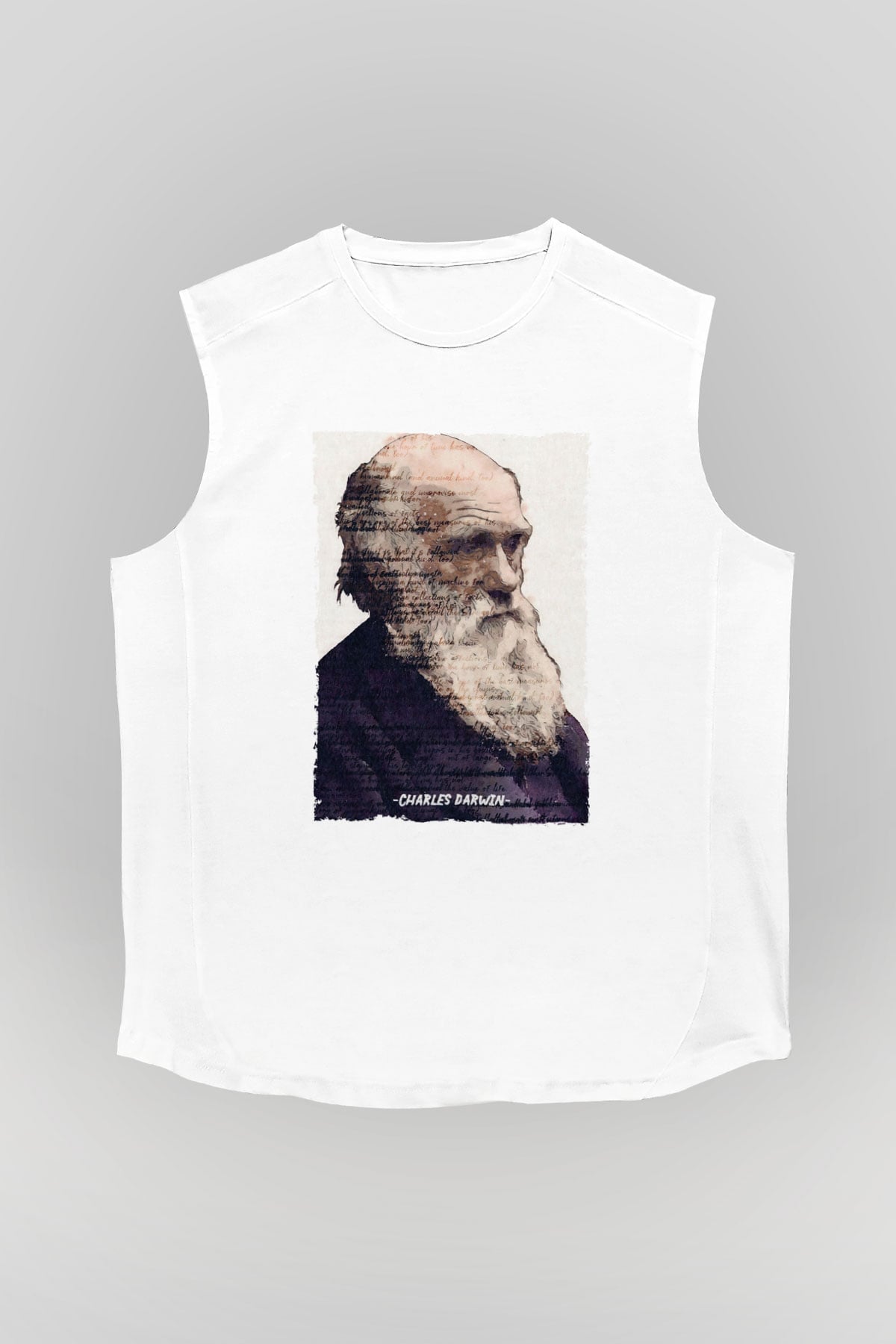 Charles Darwin Yazılı Portre Baskılı Unisex Kolsuz Beyaz Tişört - Tshirt