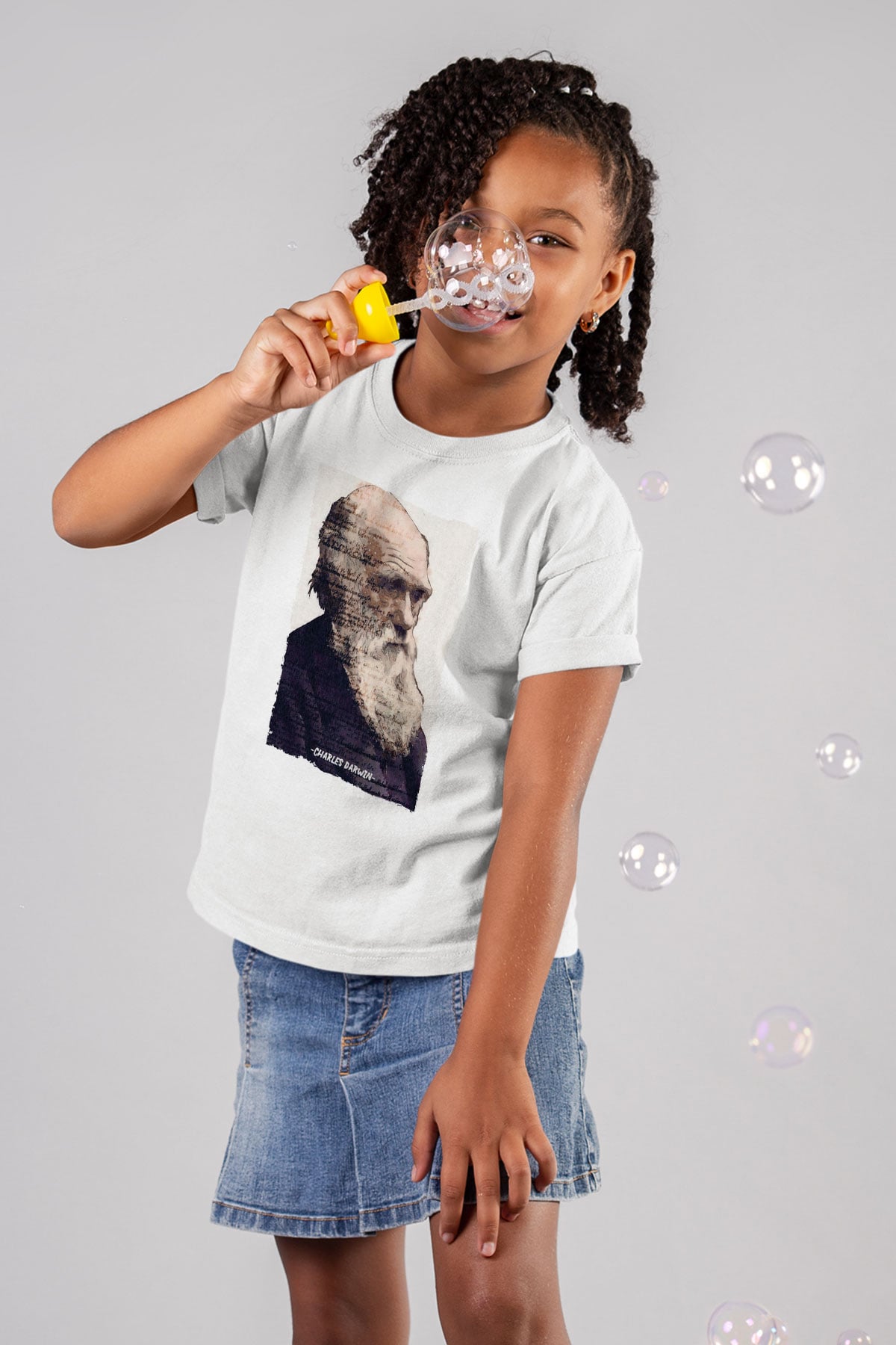 Charles Darwin Yazılı Portre Baskılı Unisex Beyaz Çocuk Tişörtü - Tshirt