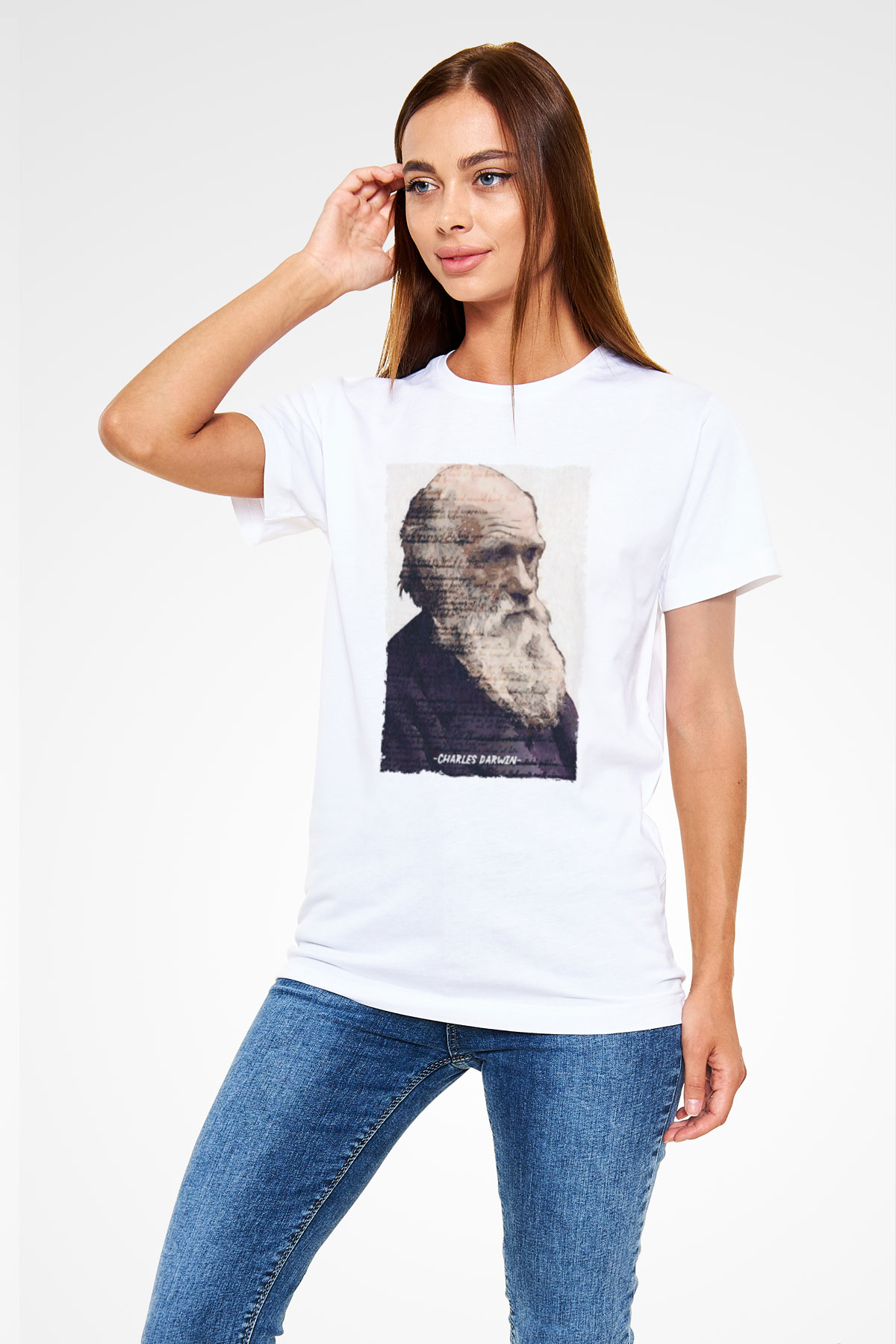 Charles Darwin Yazılı Portre Baskılı Unisex Beyaz Tişört - Tshirt
