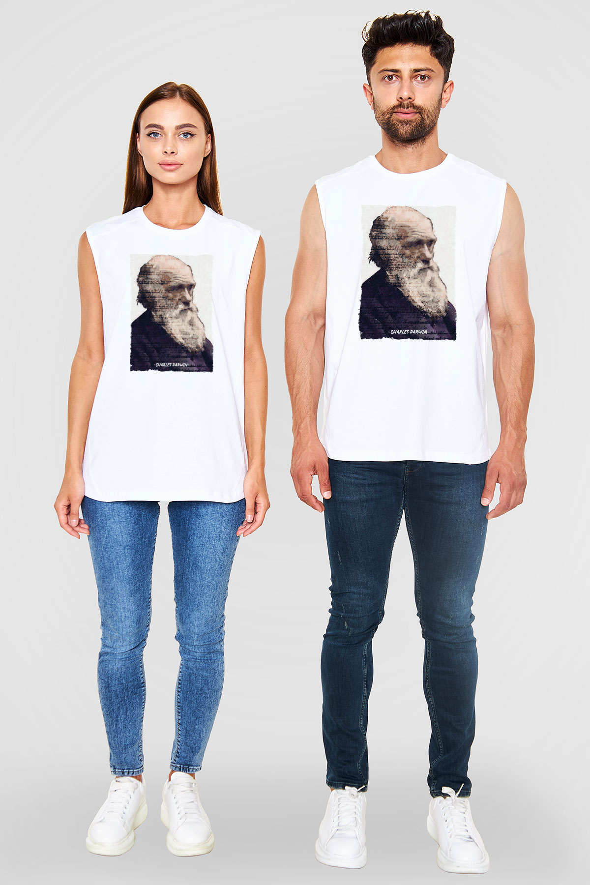 Charles Darwin Yazılı Portre Baskılı Unisex Kolsuz Beyaz Tişört - Tshirt