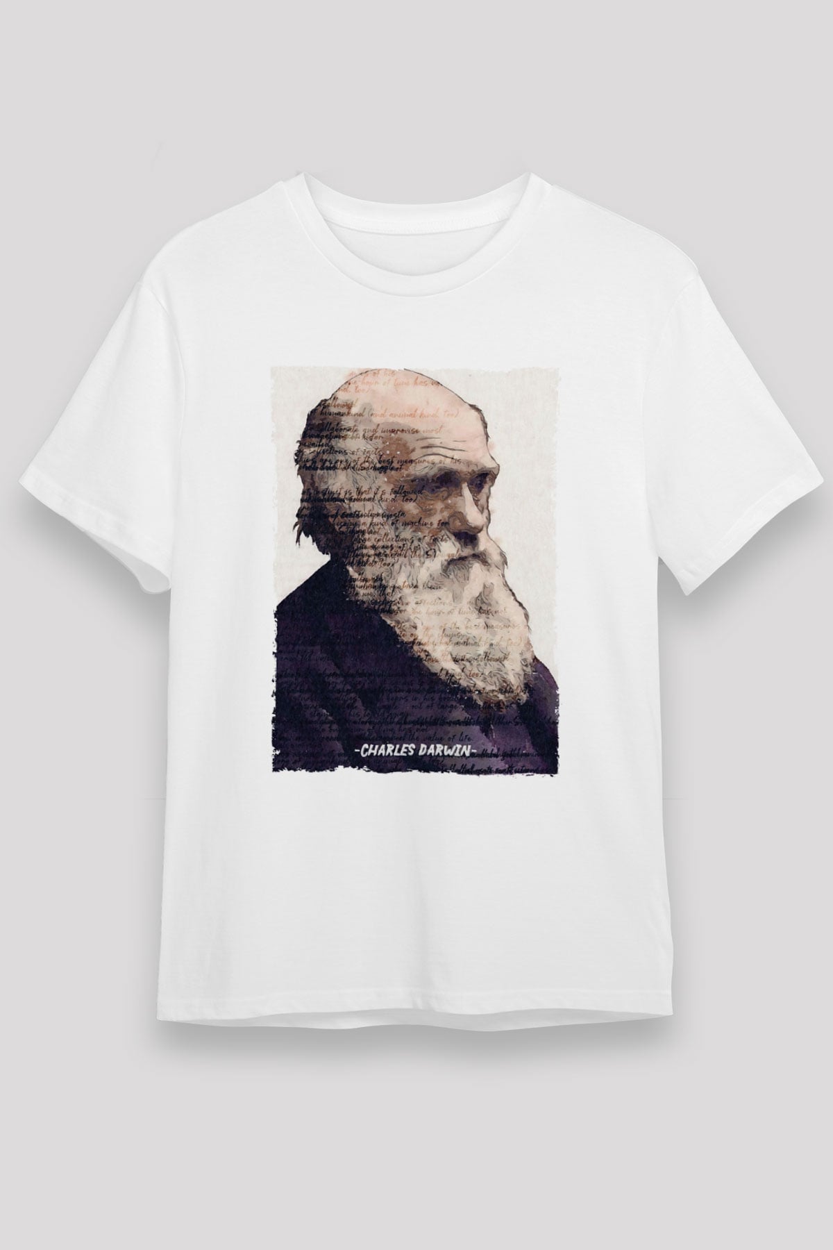 Charles Darwin Yazılı Portre Baskılı Unisex Beyaz Tişört - Tshirt