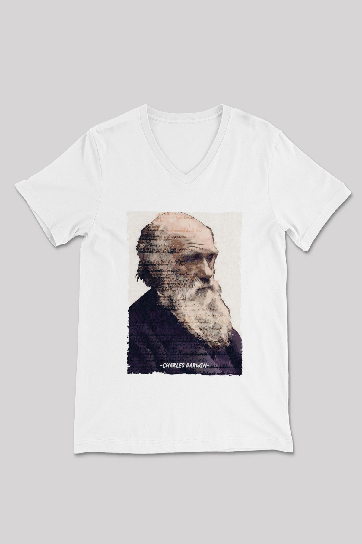 Charles Darwin Yazılı Portre Baskılı Unisex V Yaka Beyaz Tişört - Tshirt
