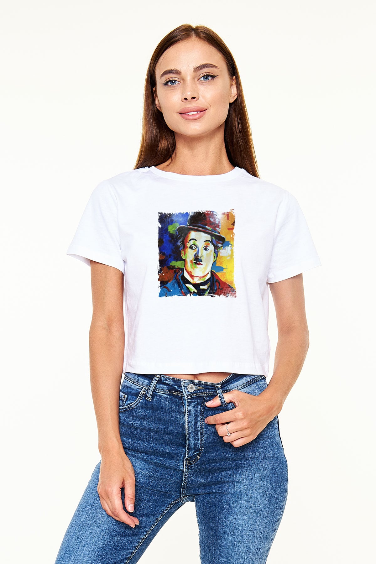 Charlie Chaplin Baskılı Beyaz Kadın Crop Top Tişört