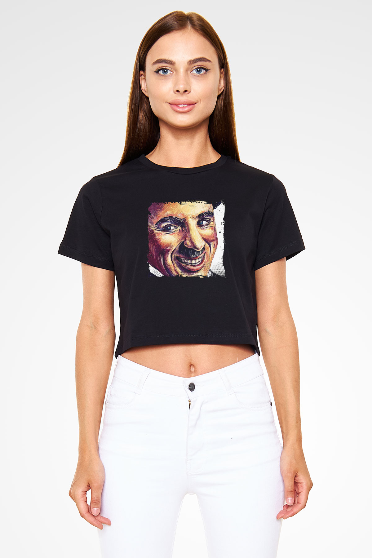 Charlie Chaplin Baskılı Siyah Kadın Crop Top Tişört