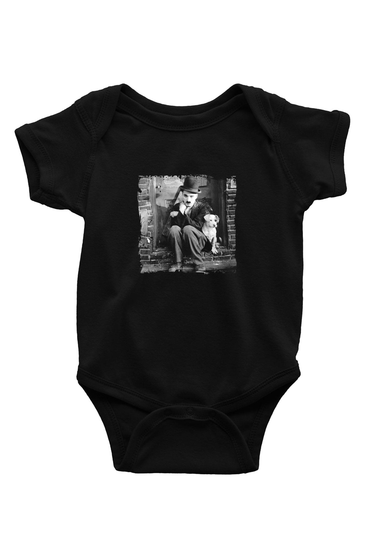 Charlie Chaplin Baskılı Unisex Siyah Bebek Body - Zıbın