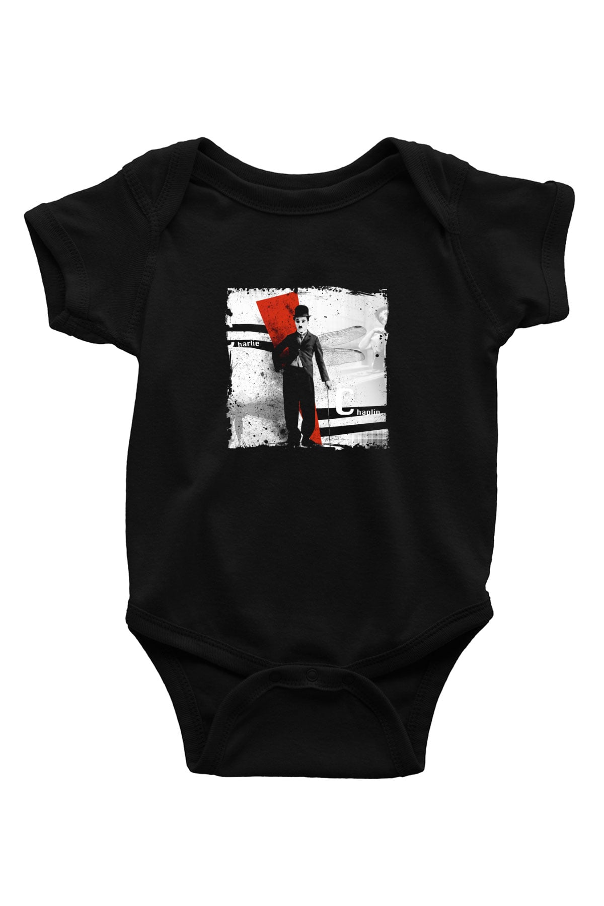 Charlie Chaplin Baskılı Unisex Siyah Bebek Body - Zıbın