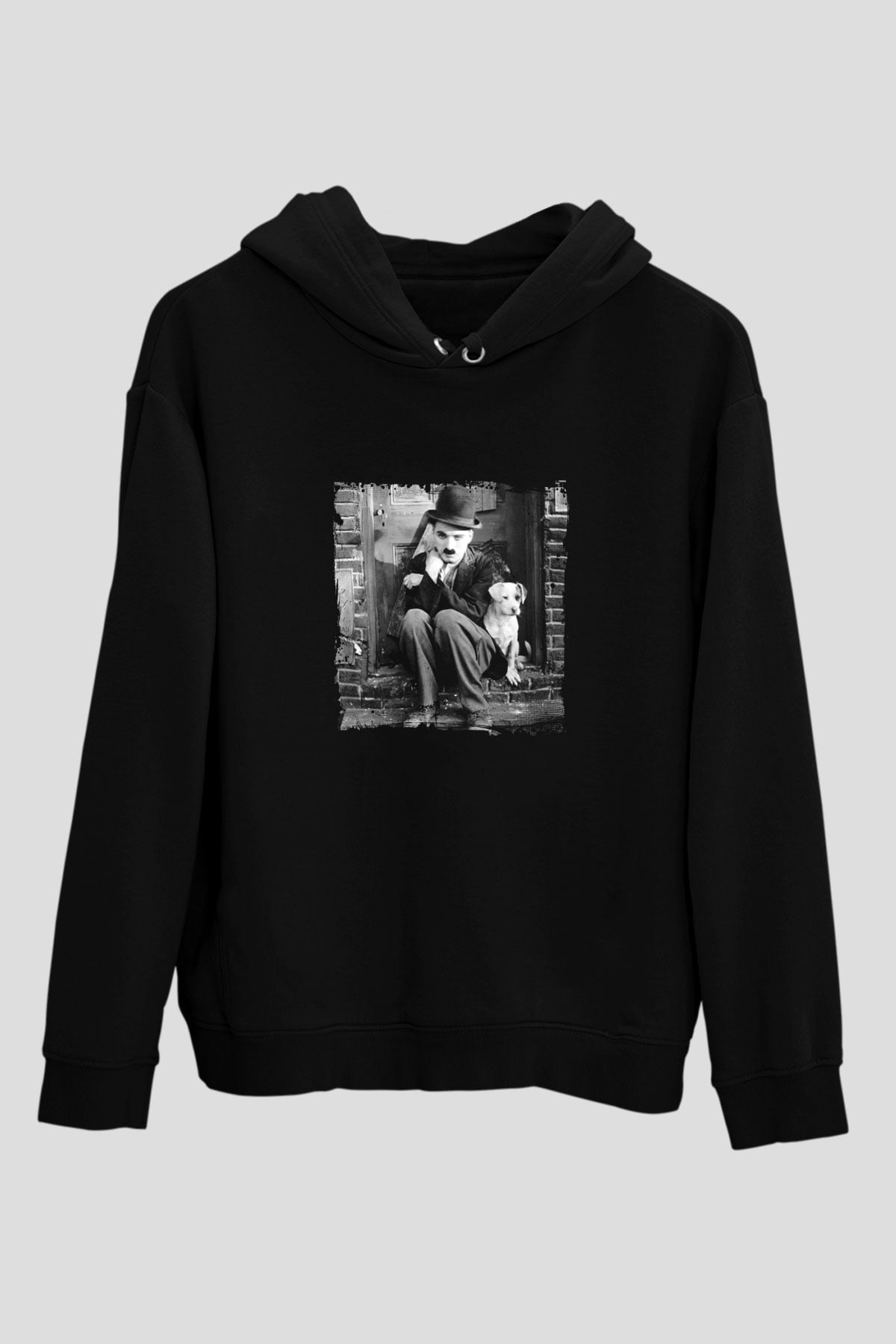 Charlie Chaplin Baskılı Unisex Siyah Hoodie