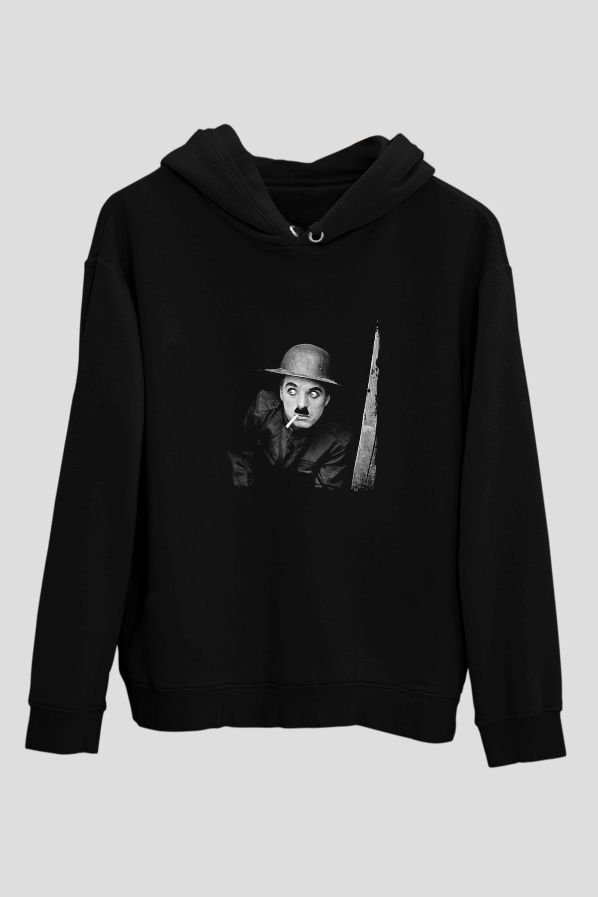 Charlie Chaplin Baskılı Unisex Siyah Hoodie