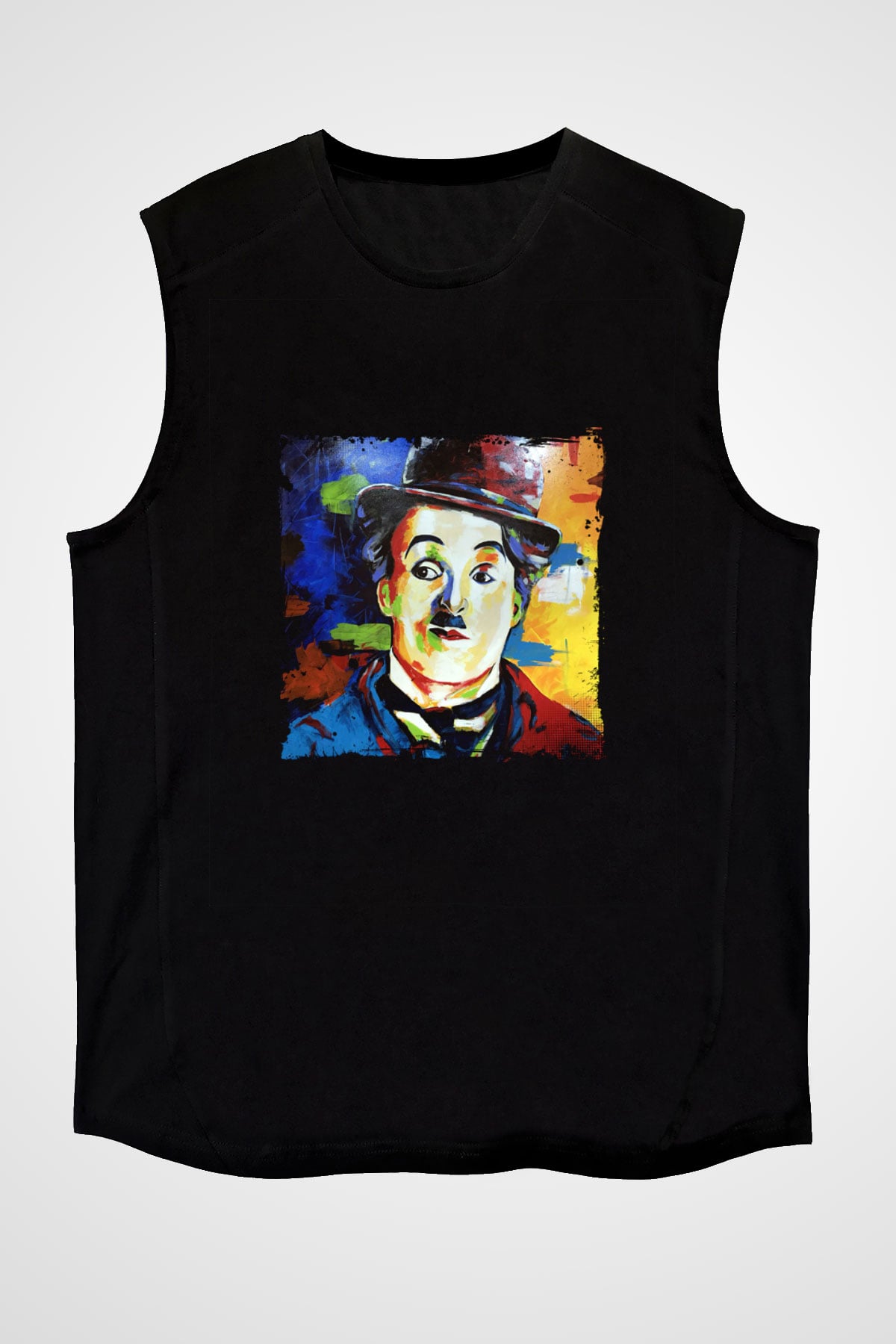 Charlie Chaplin Baskılı Unisex Siyah Kolsuz Tişört
