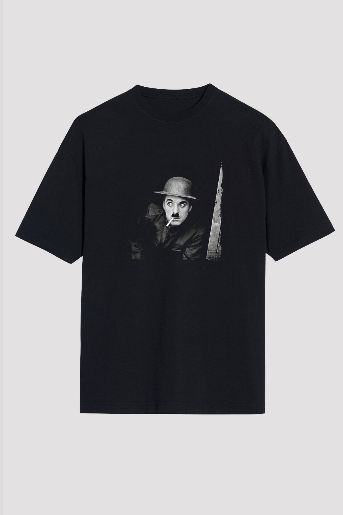 Charlie Chaplin Baskılı Unisex Siyah Oversize Tişört