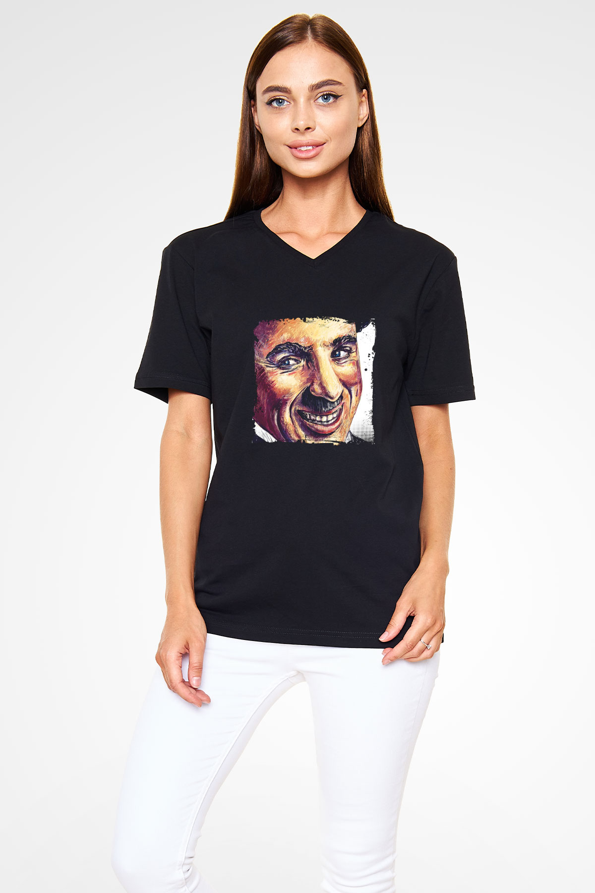 Charlie Chaplin Baskılı Unisex Siyah V Yaka Tişört