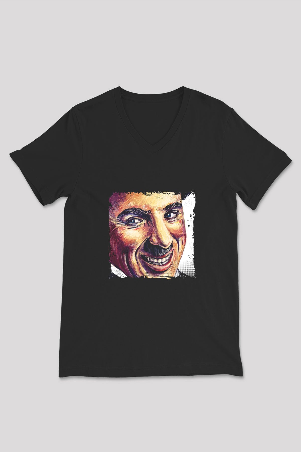 Charlie Chaplin Baskılı Unisex Siyah V Yaka Tişört