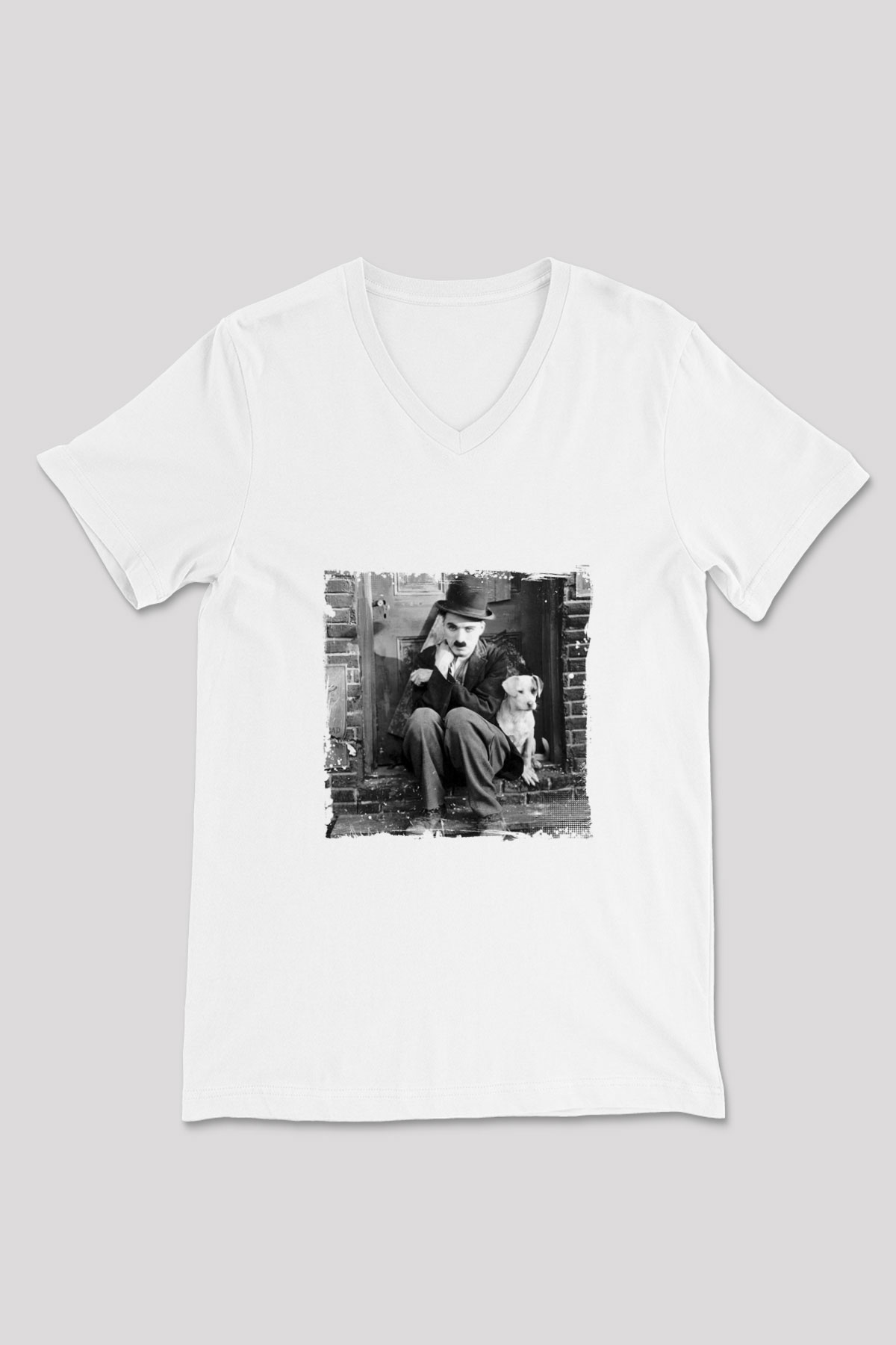 Charlie Chaplin Baskılı V Yaka Unisex Beyaz Tişört