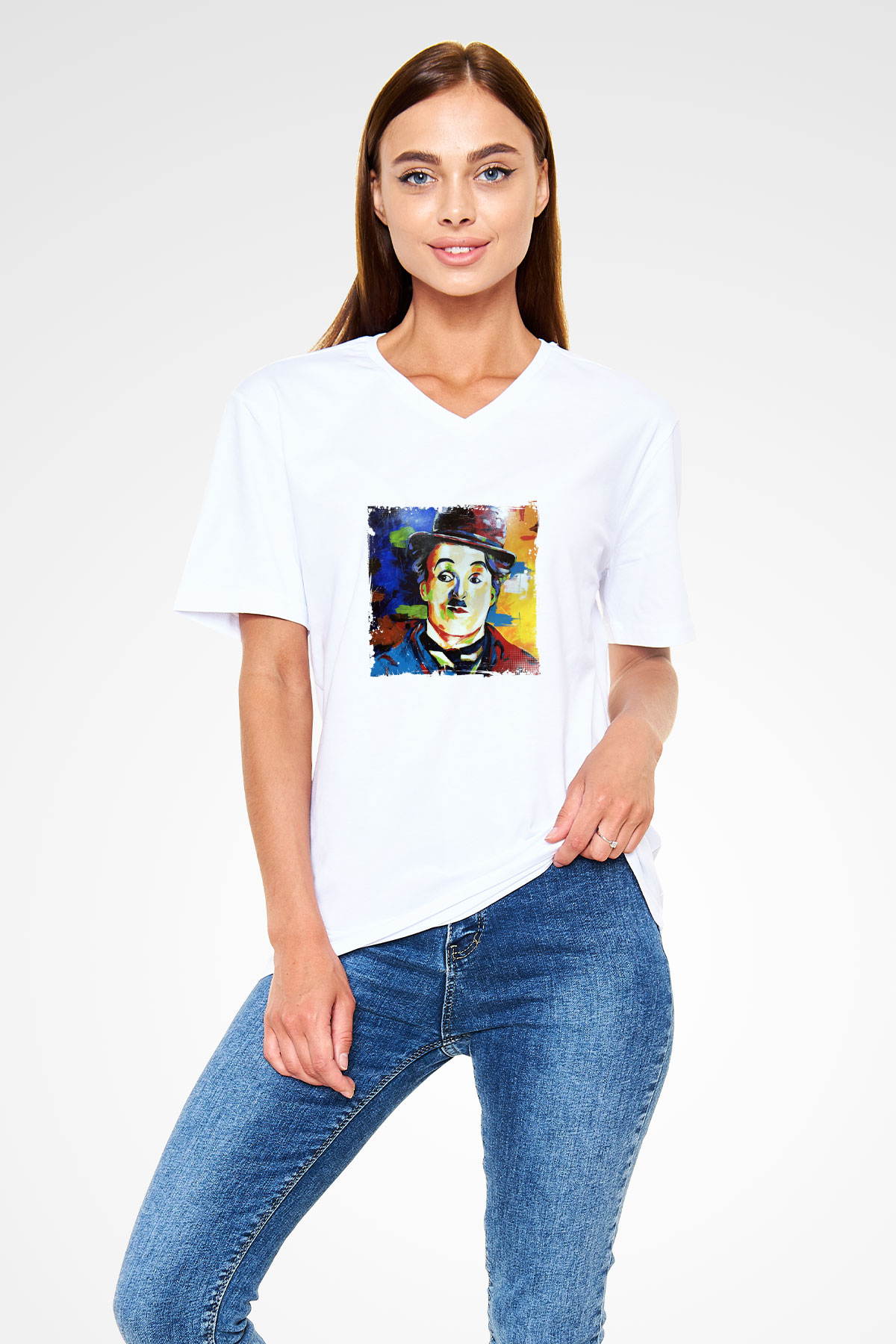 Charlie Chaplin Baskılı V Yaka Unisex Beyaz Tişört
