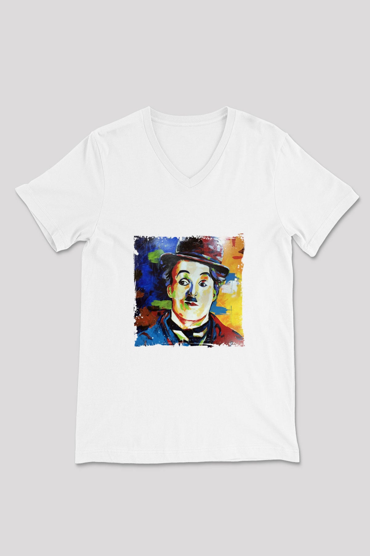Charlie Chaplin Baskılı V Yaka Unisex Beyaz Tişört