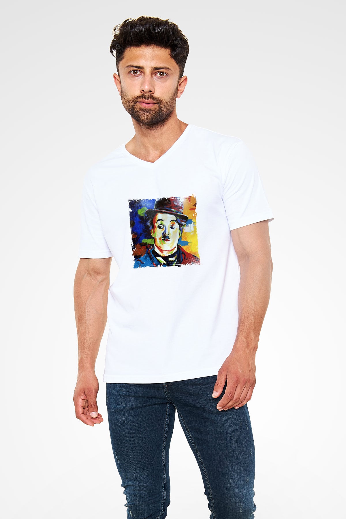Charlie Chaplin Baskılı V Yaka Unisex Beyaz Tişört