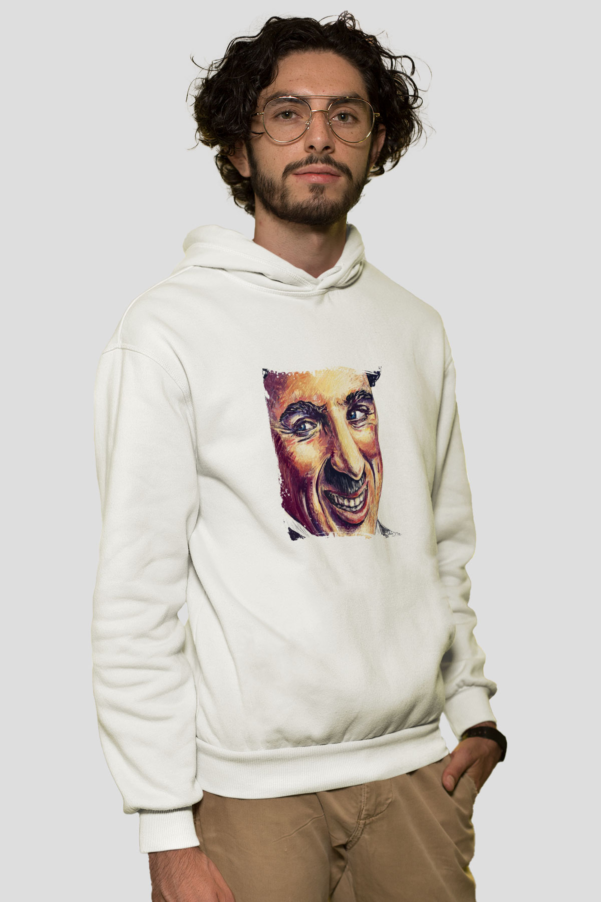 Charlie Chaplin Unisex Baskılı Beyaz Kapüşonlu Sweatshirt