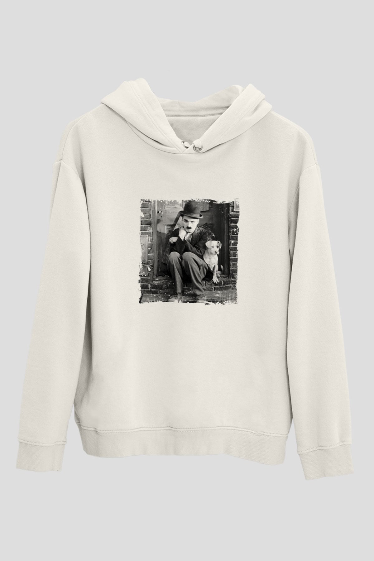 Charlie Chaplin Unisex Baskılı Beyaz Kapüşonlu Sweatshirt
