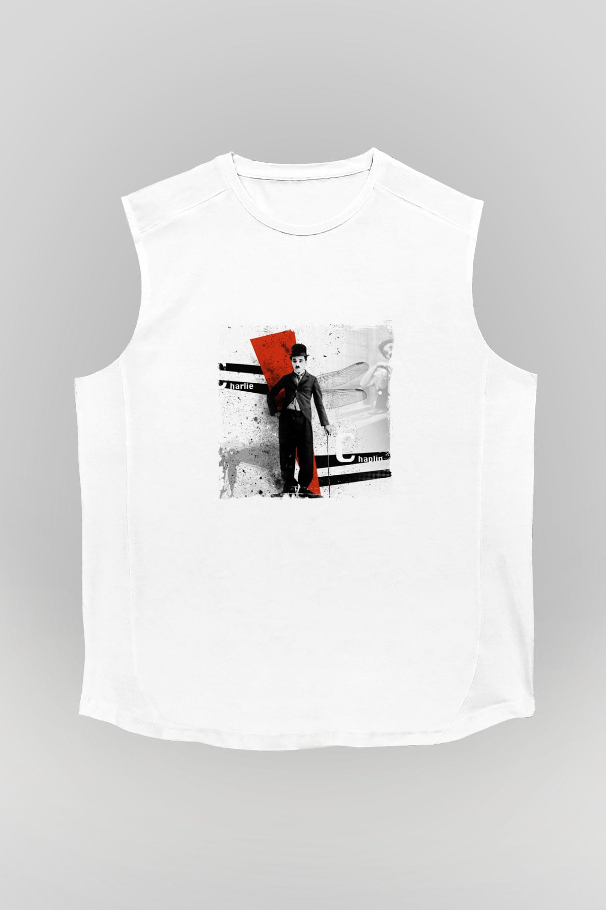 Charlie Chaplin Unisex Baskılı Beyaz Kolsuz Tişört