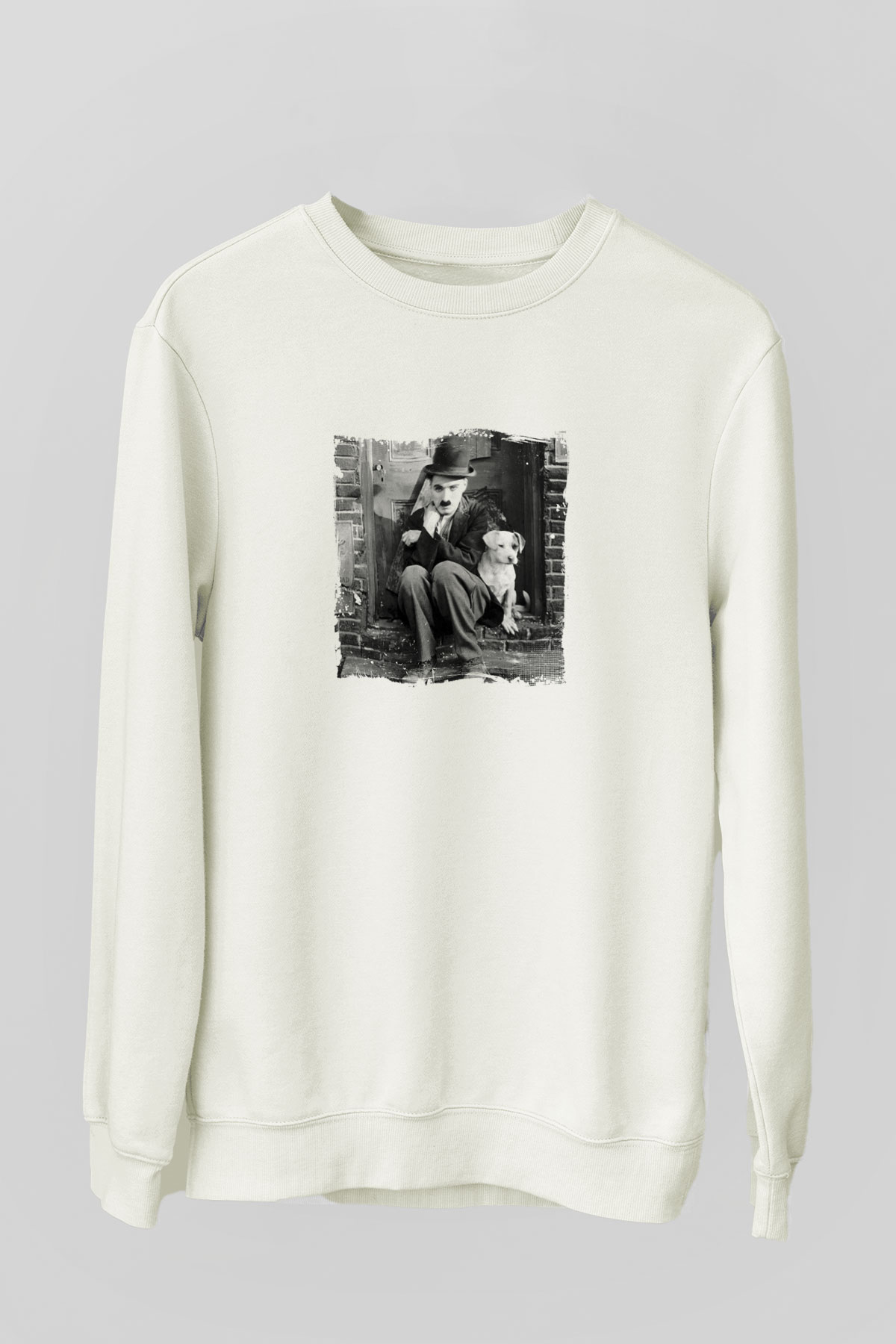 Charlie Chaplin Unisex Baskılı Beyaz Sweatshirt