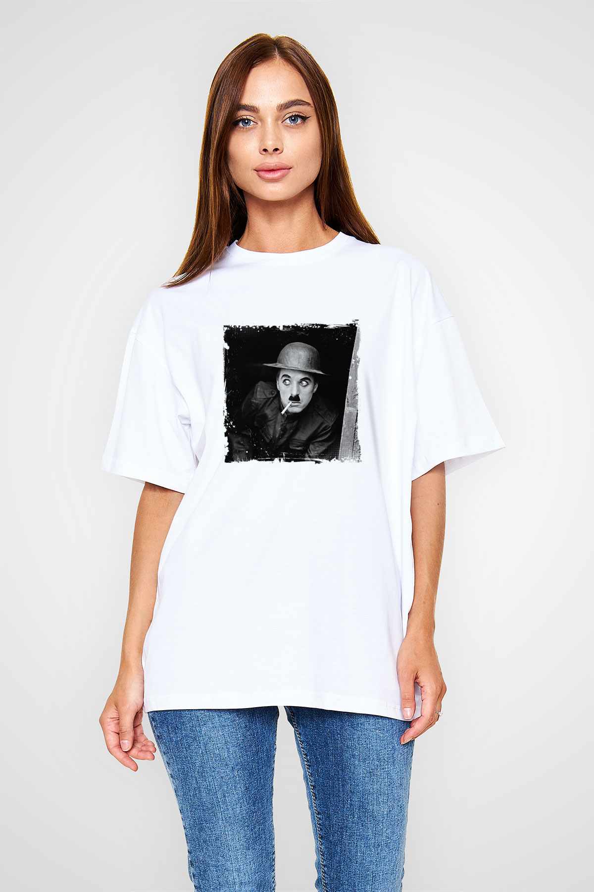 Charlie Chaplin Unisex Baskılı Beyaz Tişört