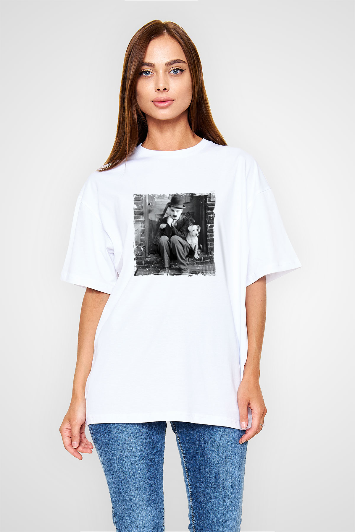 Charlie Chaplin Unisex Baskılı Beyaz Tişört