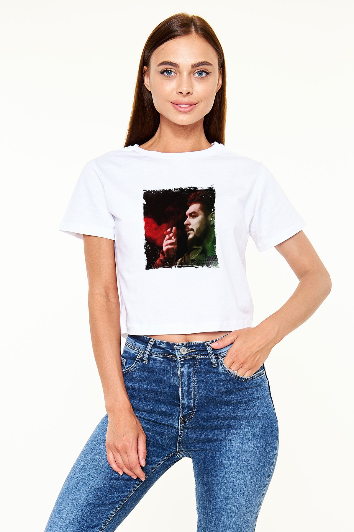 Che Guevara Baskılı Beyaz Kadın Crop Top Tişört