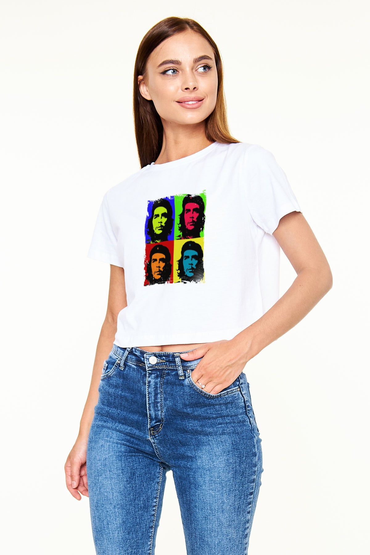 Che Guevara Baskılı Beyaz Kadın Crop Top Tişört