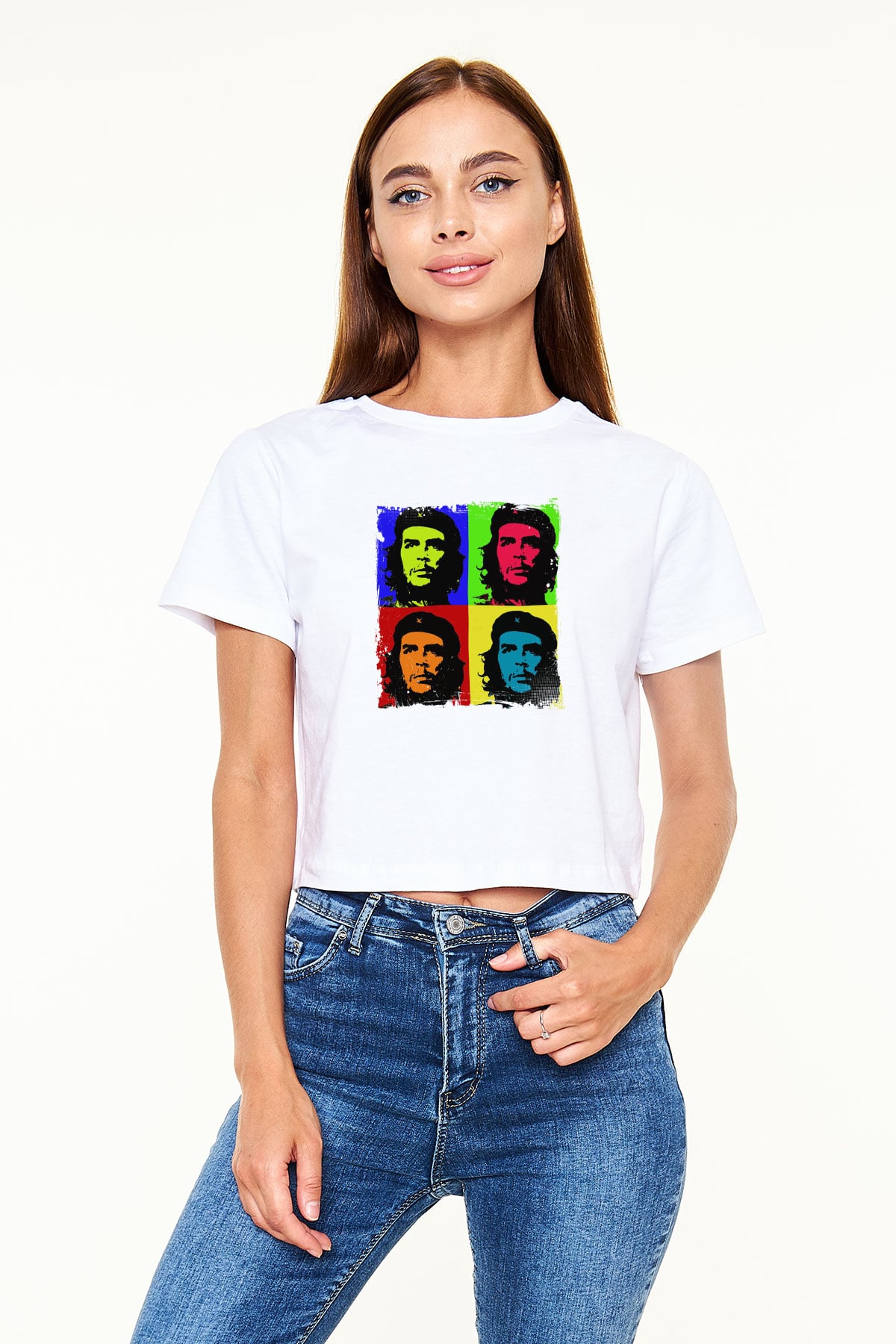 Che Guevara Baskılı Beyaz Kadın Crop Top Tişört