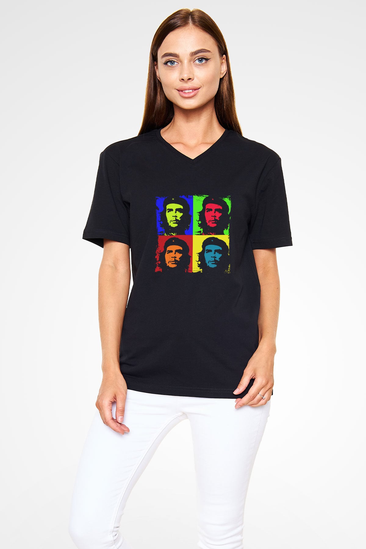 Che Guevara Baskılı Unisex Siyah V Yaka Tişört