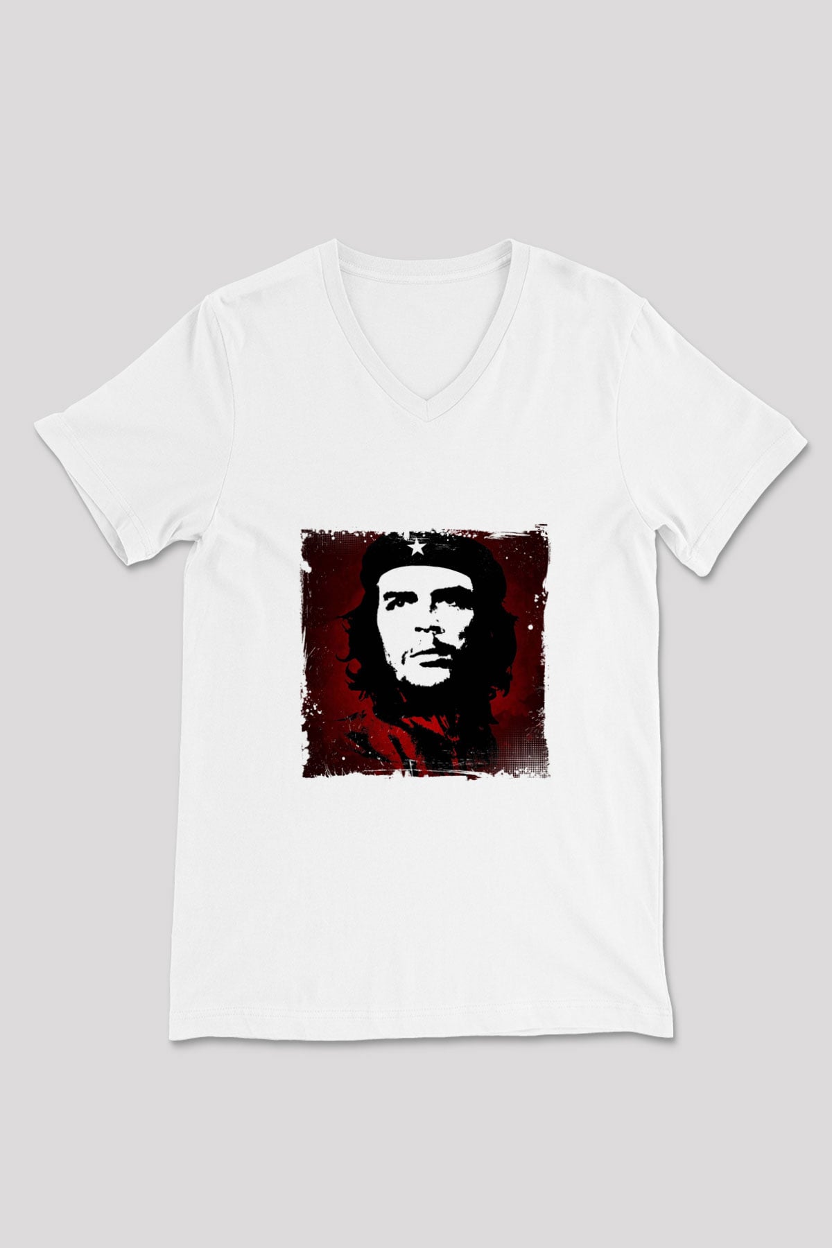 Che Guevara Baskılı V Yaka Unisex Beyaz Tişört