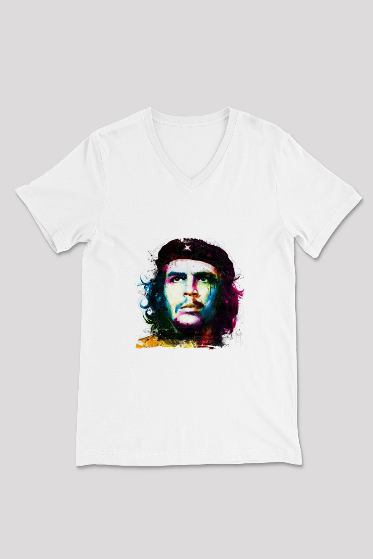 Che Guevara Baskılı V Yaka Unisex Beyaz Tişört