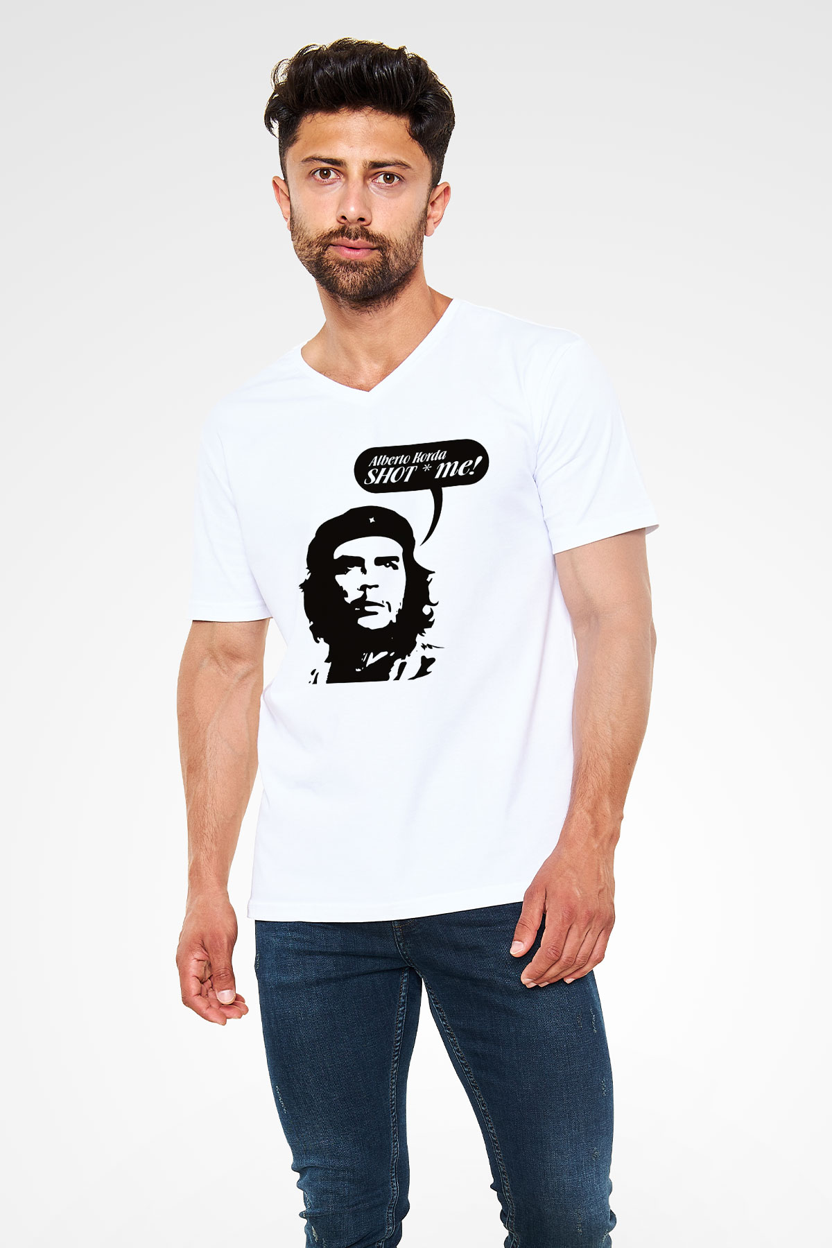 Che Guevara Beyaz Unisex V Yaka Tişört T-Shirt